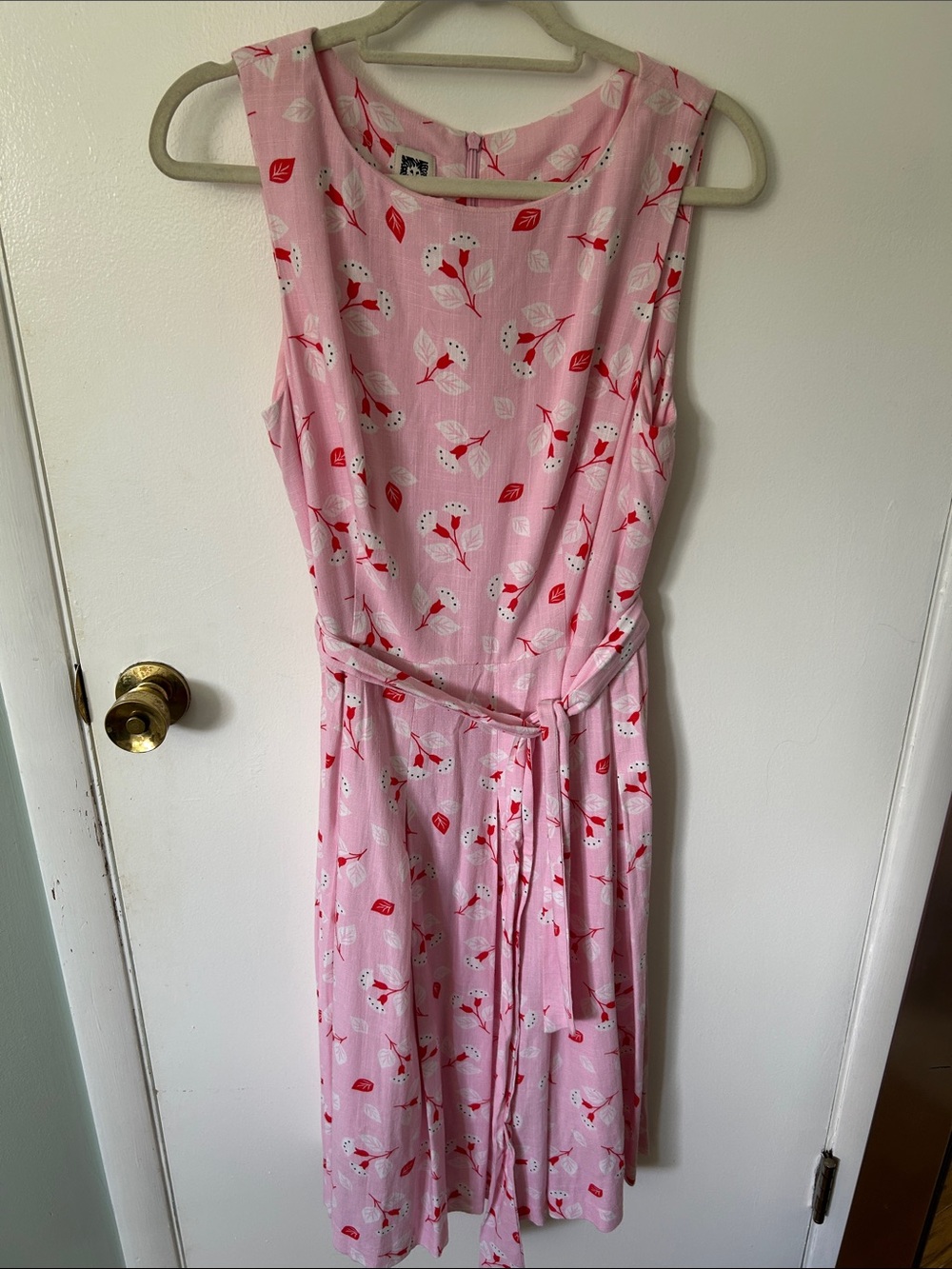Anne Klein 10 Pink Red Floral Fit & Flare Dress Sleeveless Belted Linen Blend